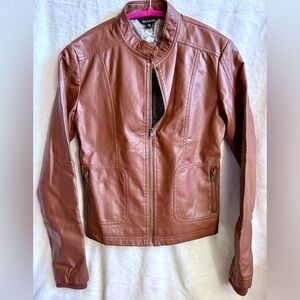 EUC George Brand Women’s Zip Up Moto Brown Faux Leather Jacket Size S 4/5